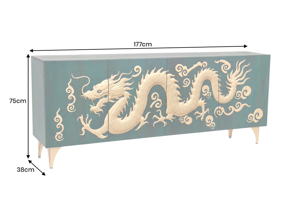 Sideboard DRAGON 180cm 3D dragon front mango wood turquoise w/ gold coloured details