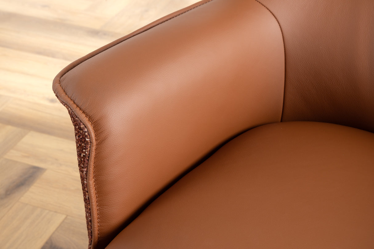 Swivel chair LE GRAND rotatable 180° w/ armrests textured cloth and leather cognac brown