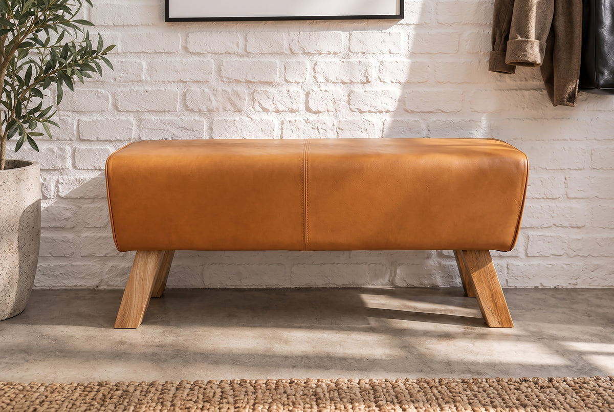 Bench TURNBOCK 100cm upholstered seat mango wood natural genuine leather cognac brown