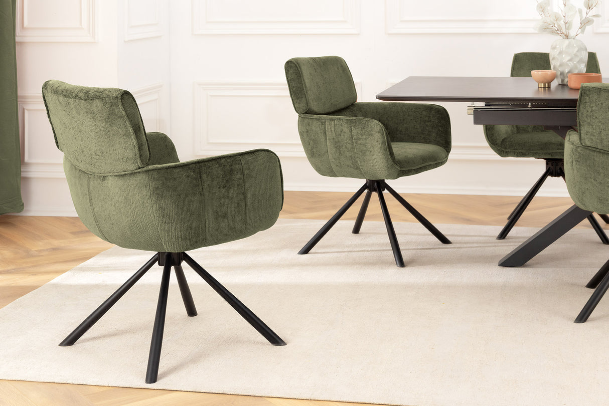 Swivel chair UNIQUE 180° w/ armrests chenille fabric green and black legs