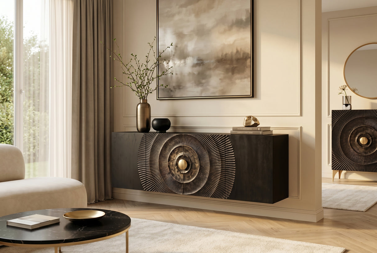 Sideboard GOLDEN SUNSET 180cm 3D hanging mango wood black
