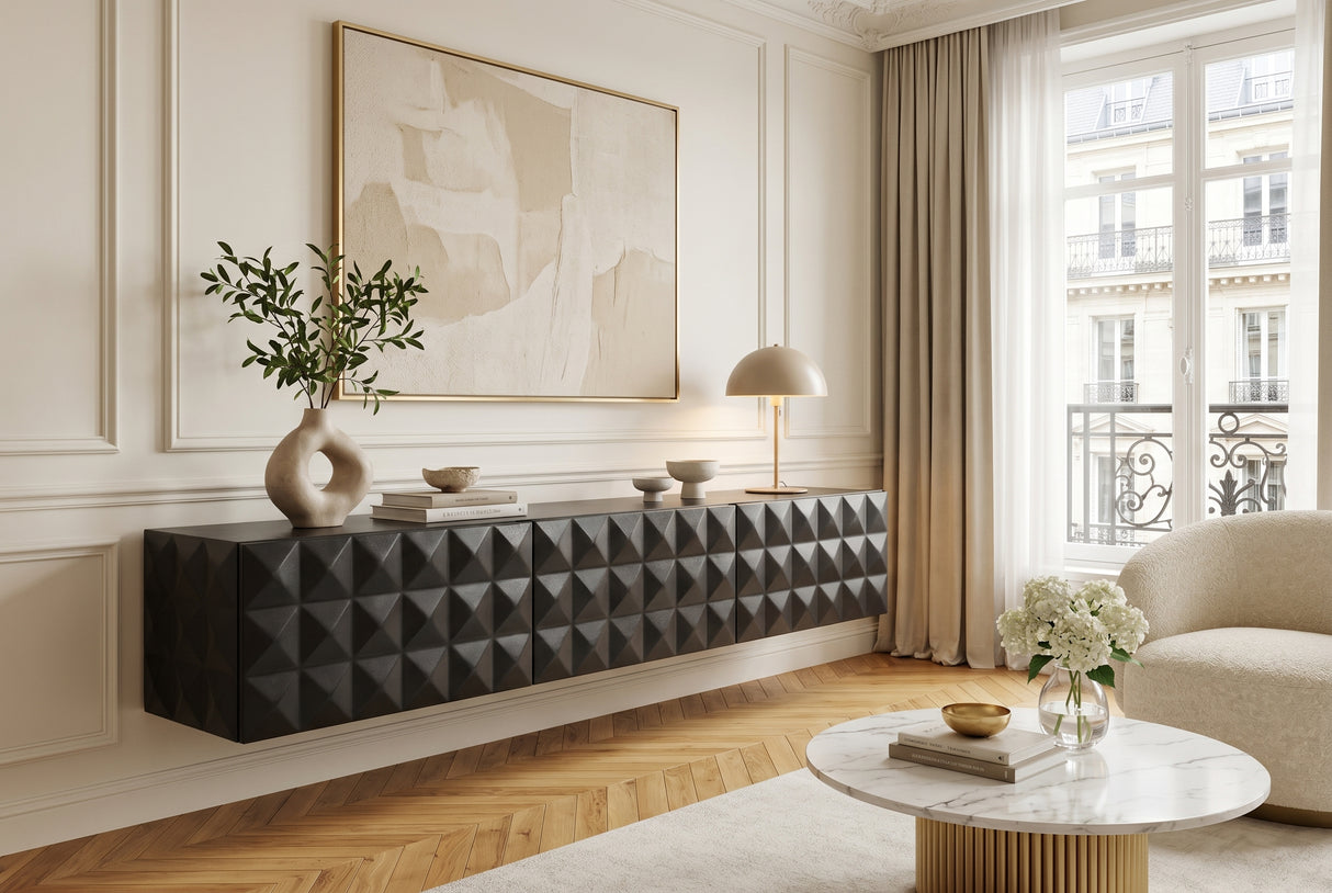 TV-Board VULCANO 160cm 3D hängend mit Kabelloch Mangoholz schwarz