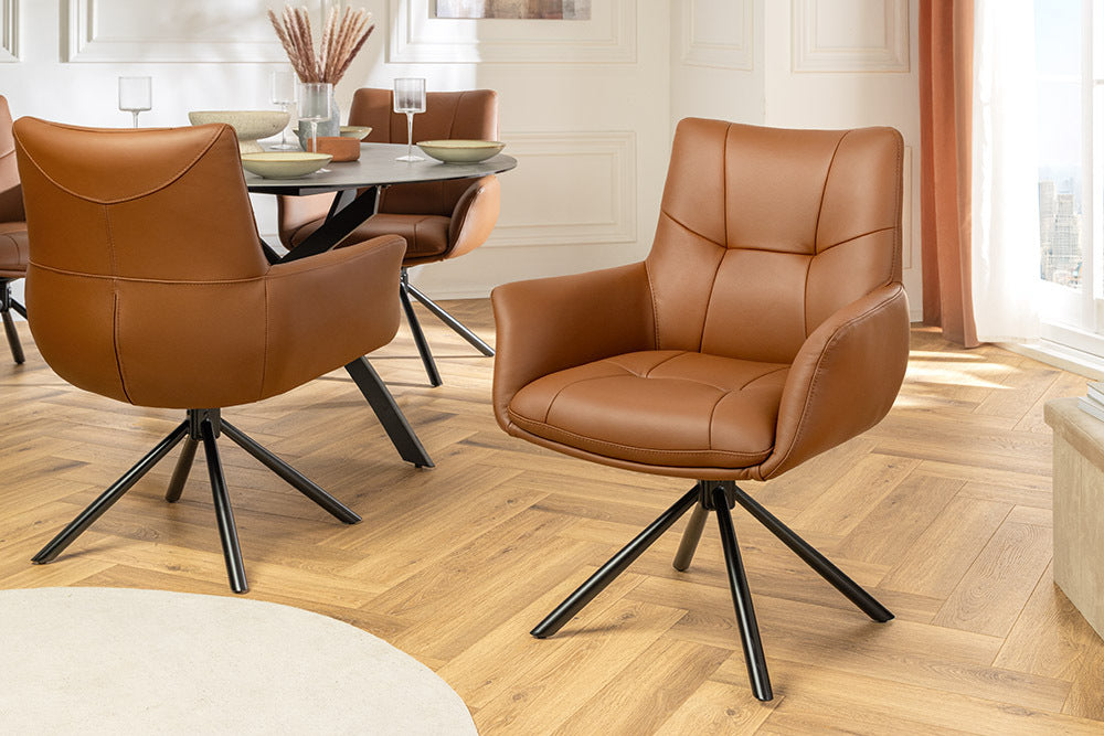 Swivel chair SIGNATURE 360° w/ armrests spring core leather cognac rotatable