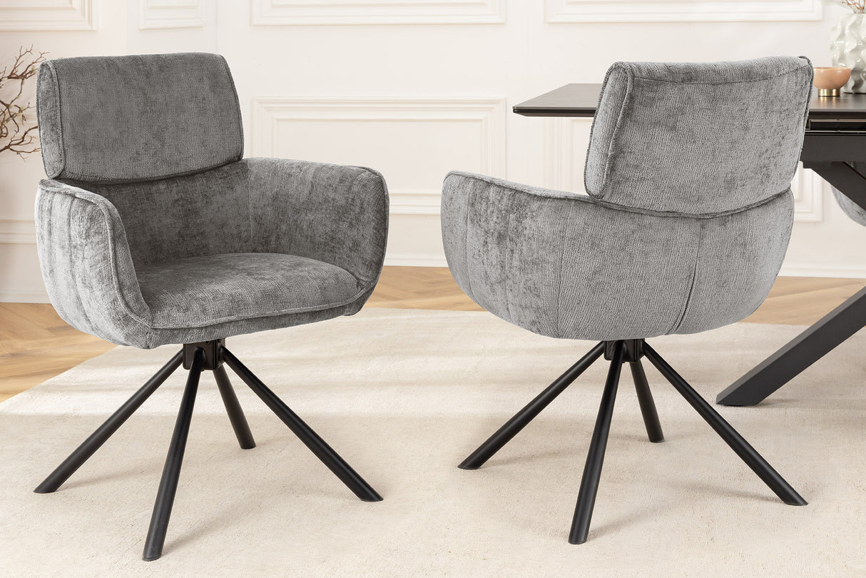Swivel chair UNIQUE 180° w/ armrests chenille fabric grey and black legs