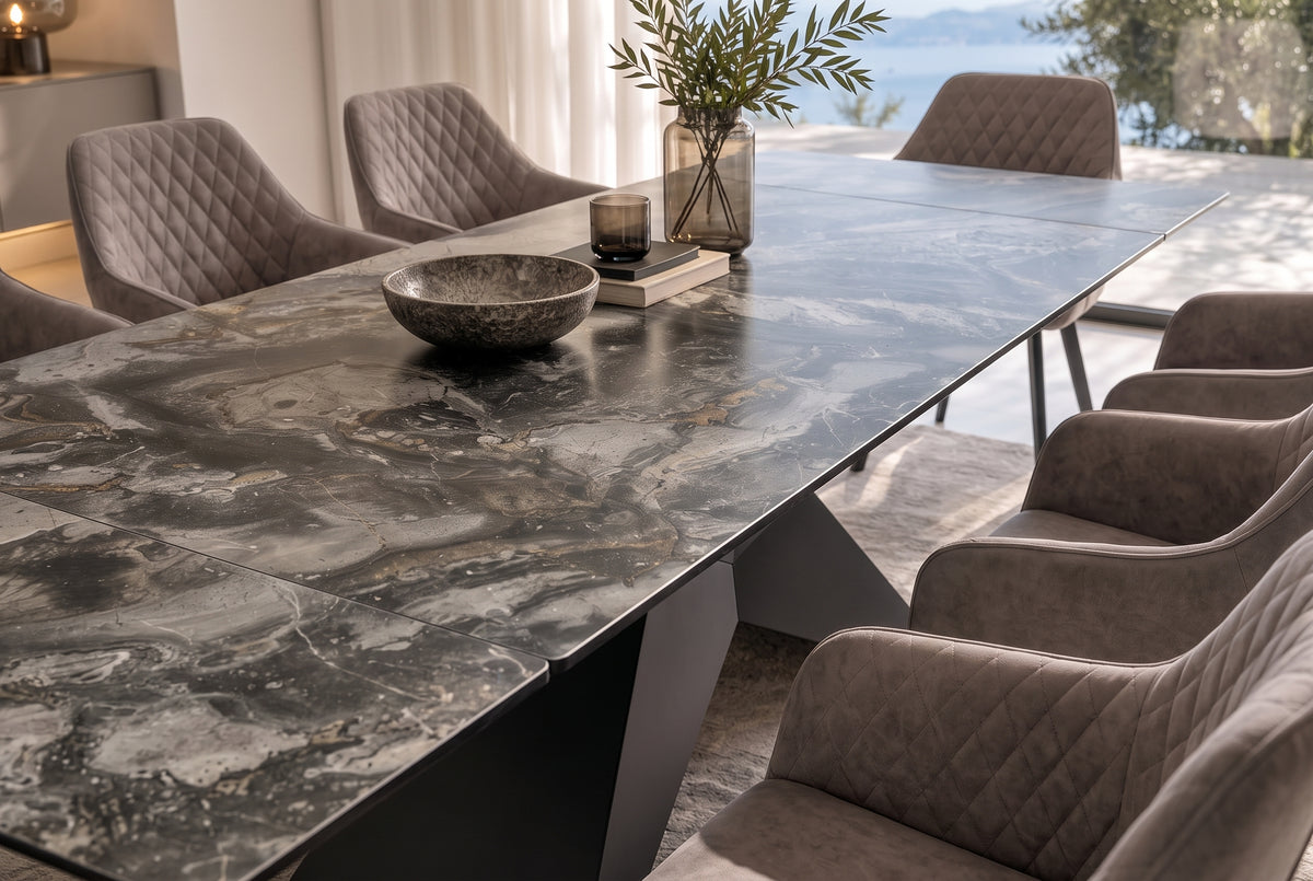 Dining table DIAMOND 180-260cm extendable ceramic taupe w/ geometric black iron base