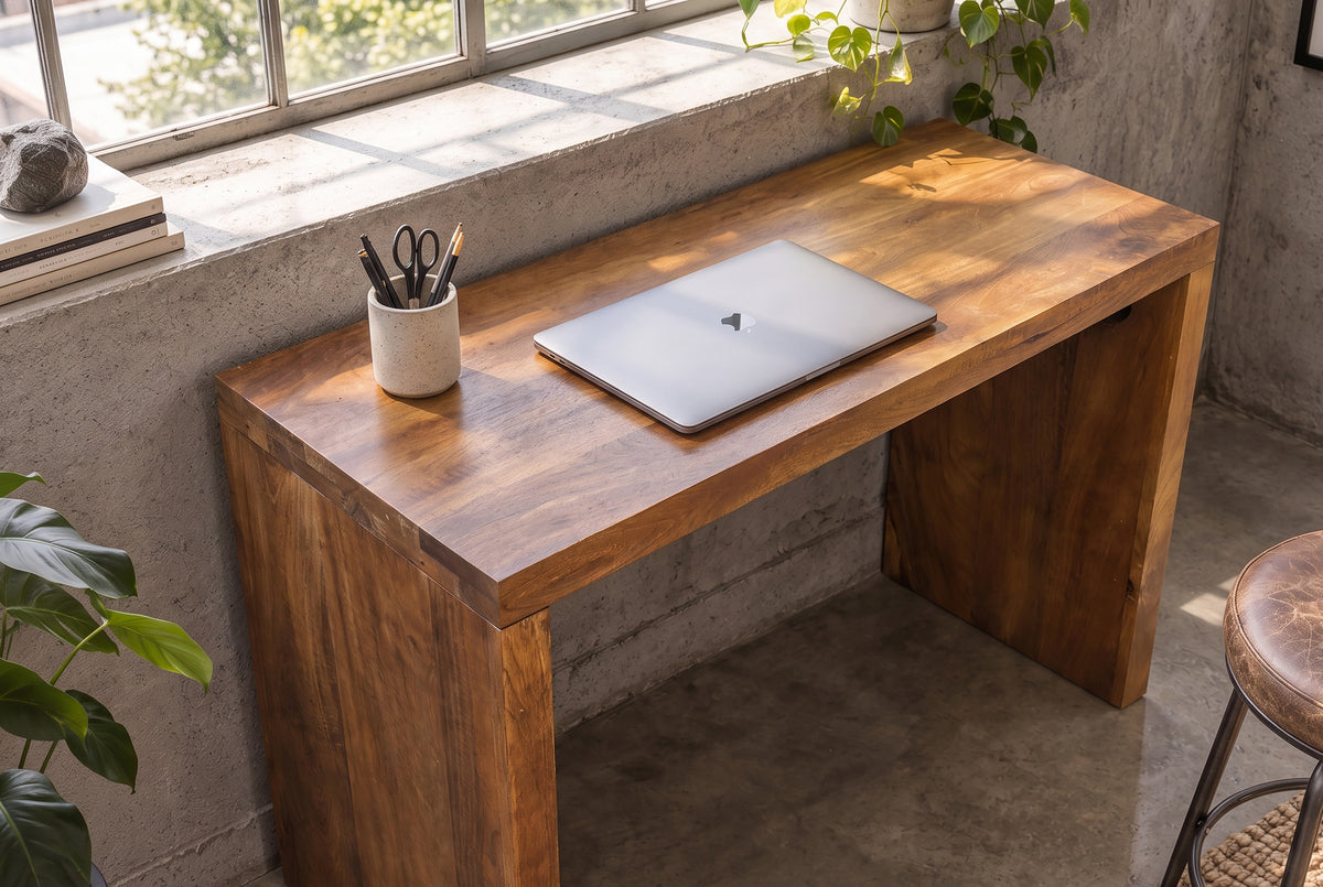 Bürotisch Konsole MAKASSAR 100cm Mangoholz braun honigfarbenes Finish