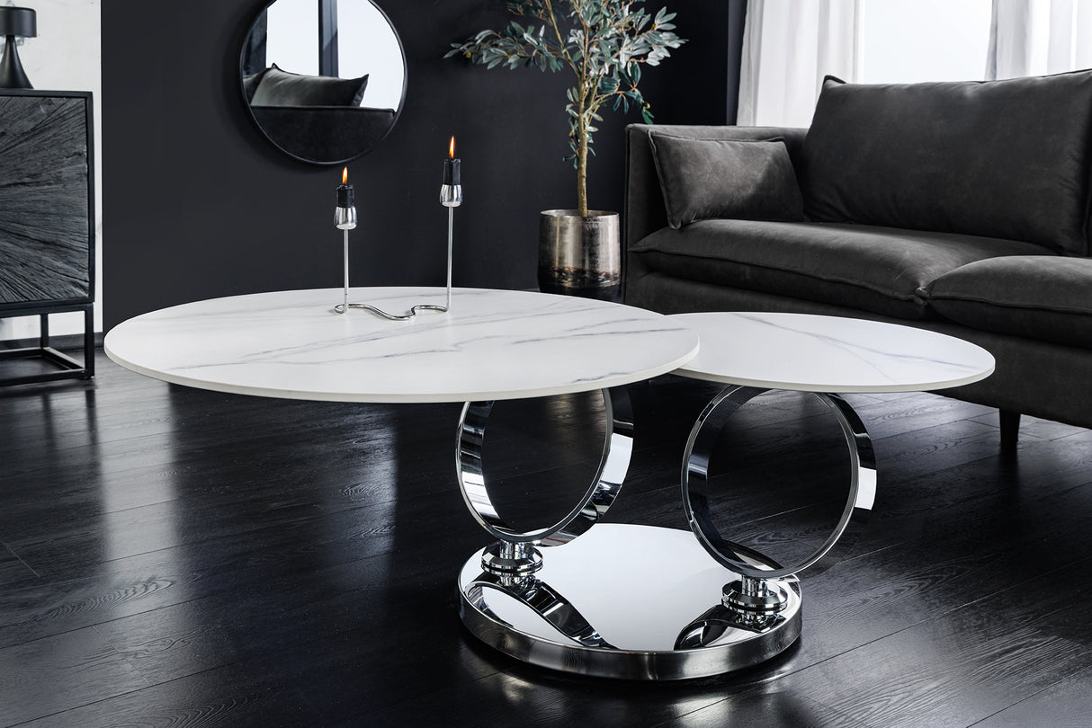 Coffee table DANCING RINGS 80-135cm rotatable w/ chrome rack and ceramic top white marble