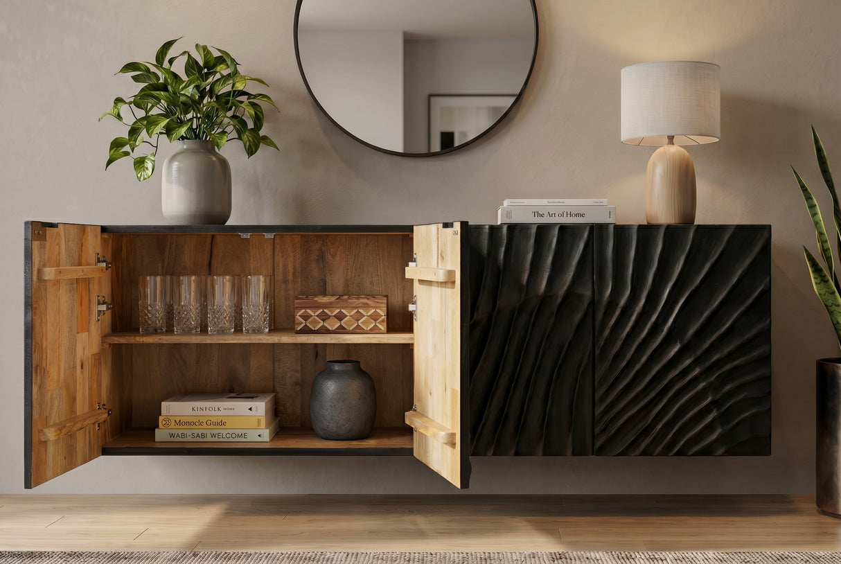 Sideboard SCORPION 180cm 3D hängend schwarz Mangoholz