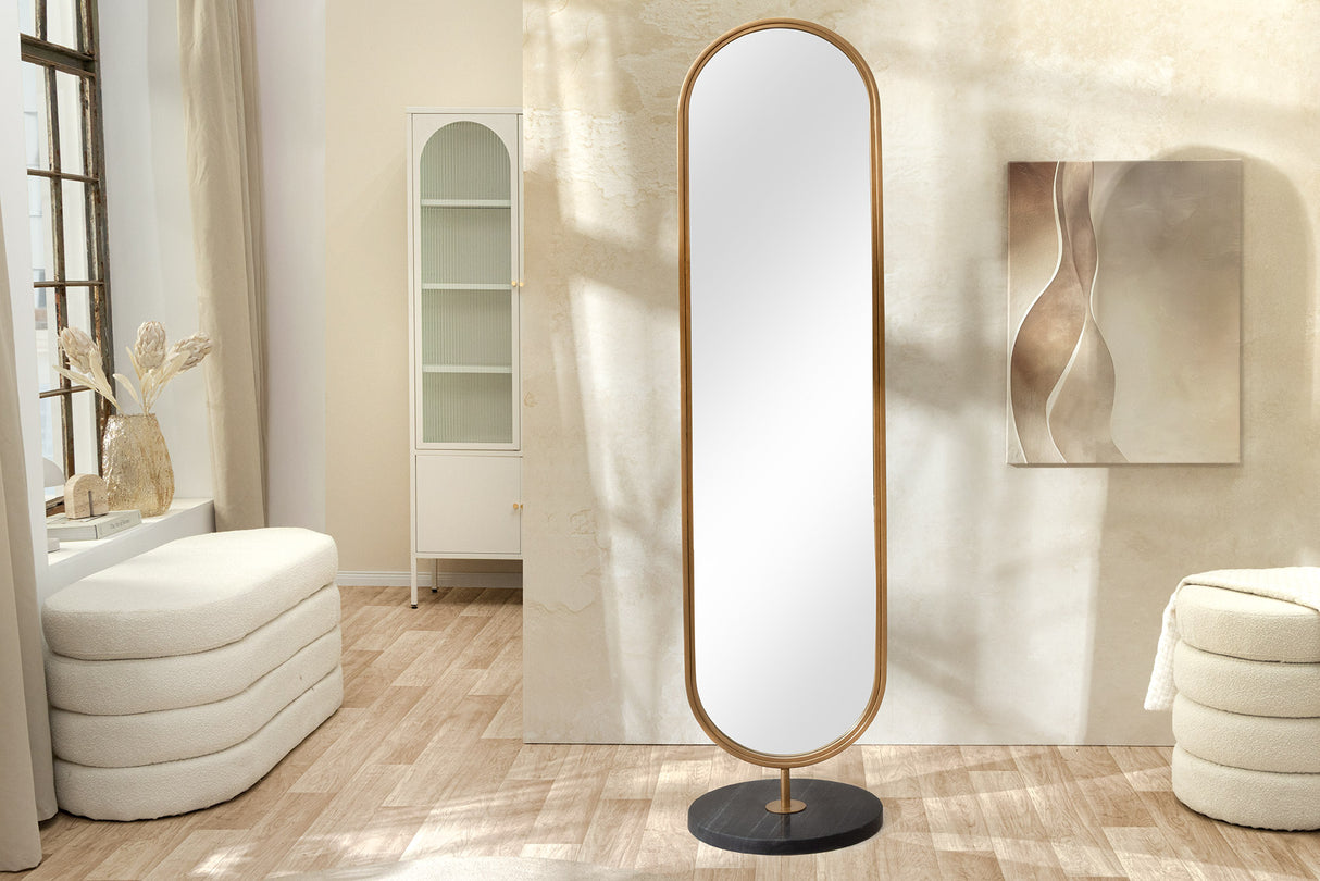 Standspiegel PORTRAIT 175cm oval gold mit schwarzem Marmorsockel
