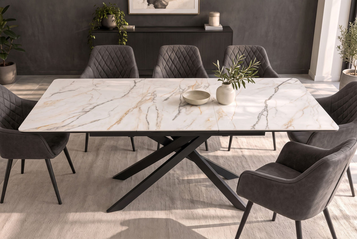Esstisch ALPINE 160-200cm ausziehbar, Calacatta Oro Keramik in Marmoroptik, weiß mit schwarzem Sternenfuß