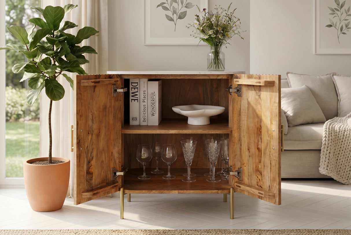 Sideboard TRES CHIC 70cm mango wood natural w/ white marble top and golden handles