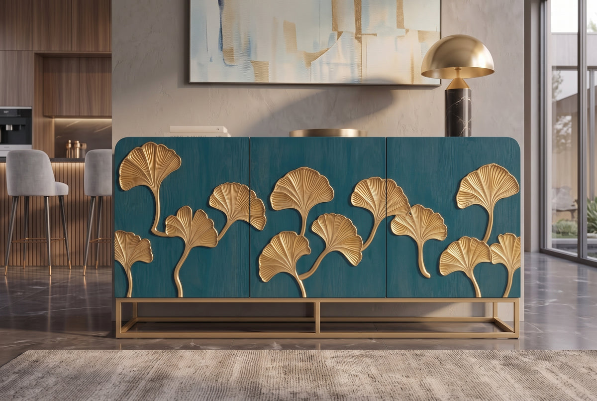 Sideboard GINKGO 160cm 3D ginkgo leaf front mango wood turquoise w/ gold metal frame