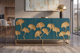 Sideboard GINKGO 160cm 3D ginkgo leaf front mango wood turquoise w/ gold metal frame