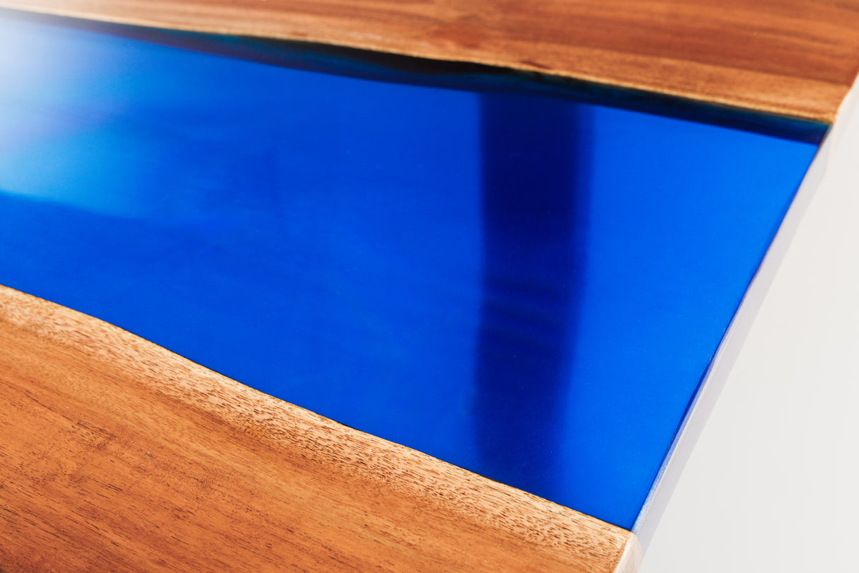 Dining table LIQUID 160cm acacia wood blue epoxy strip