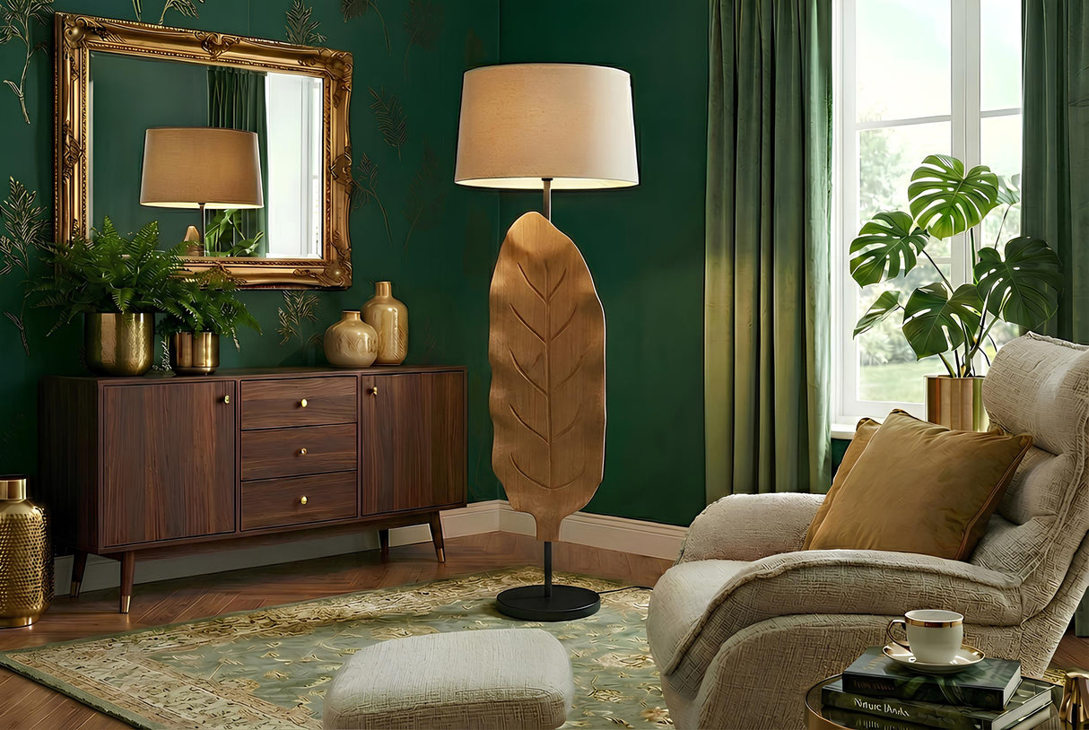 Stehlampe LEAF 130cm /w Stoffschirm Teakholz weiß natur