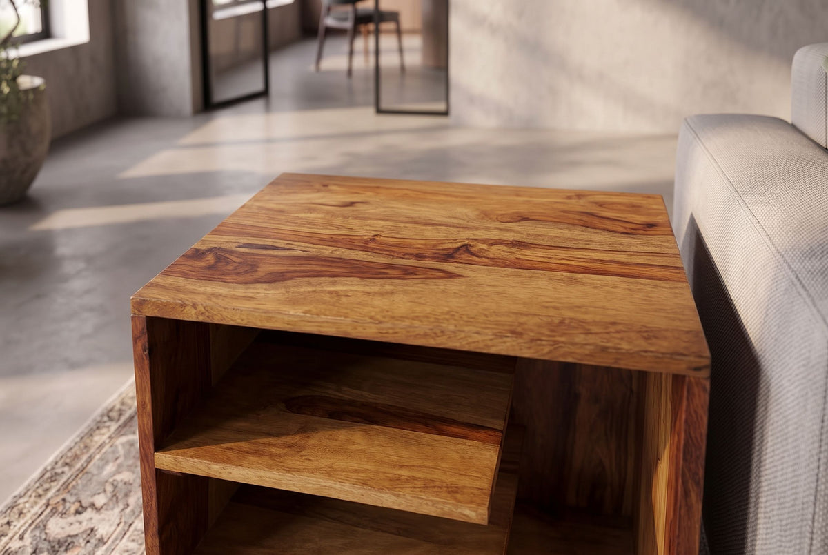 Side table CUBUS 45cm w/ open storage shelves sheesham wood brown stone finish