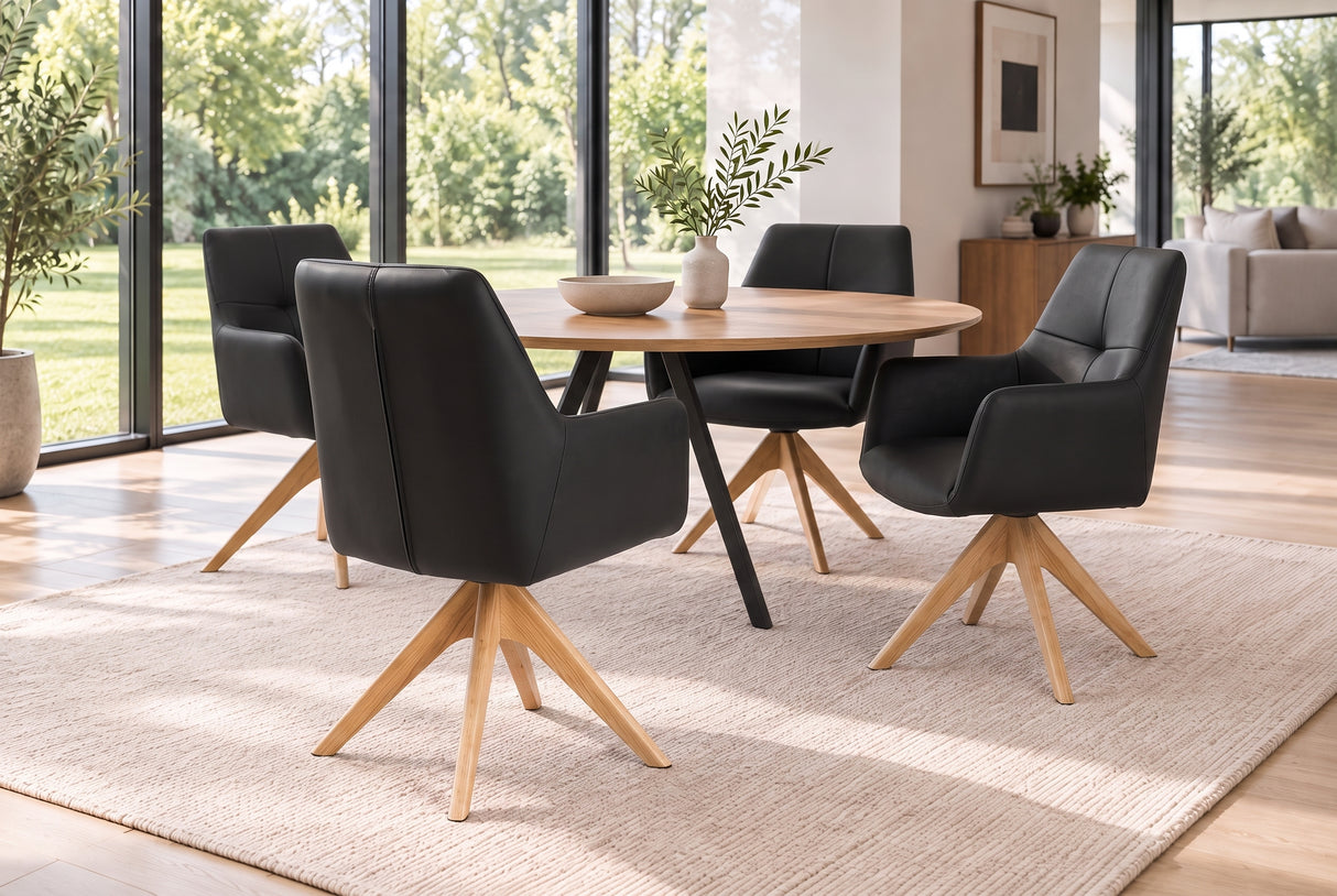 Swivel chair ALMARA 360° auto-return w/ armrests pocket spring core leather black