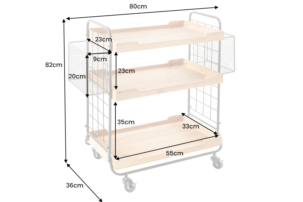 Servierwagen SEVEN SEAS 80cm mit abnehmbaren Tabletts aus Kiefernholz und lackiertem Eisen