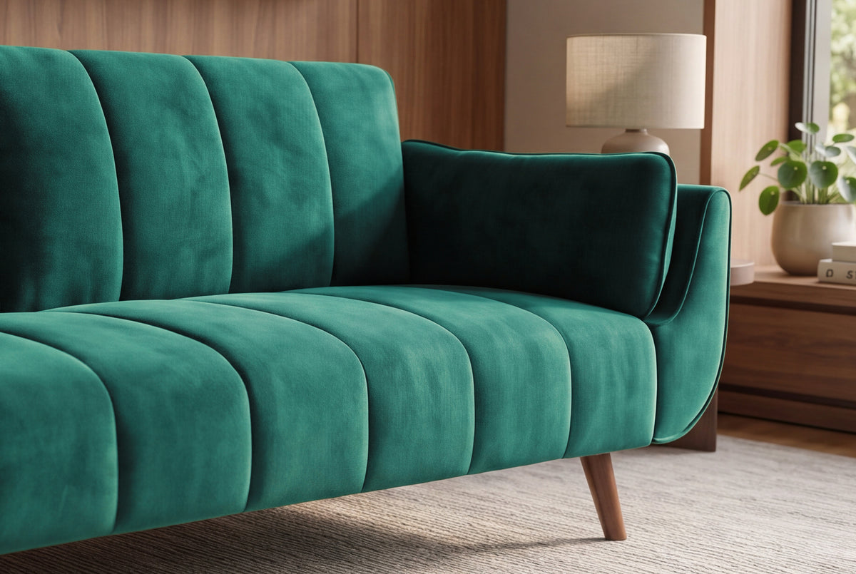 Sofa bed DIVANI 220cm 3-seater w/ armrest cushions velvet emerald green wood feet