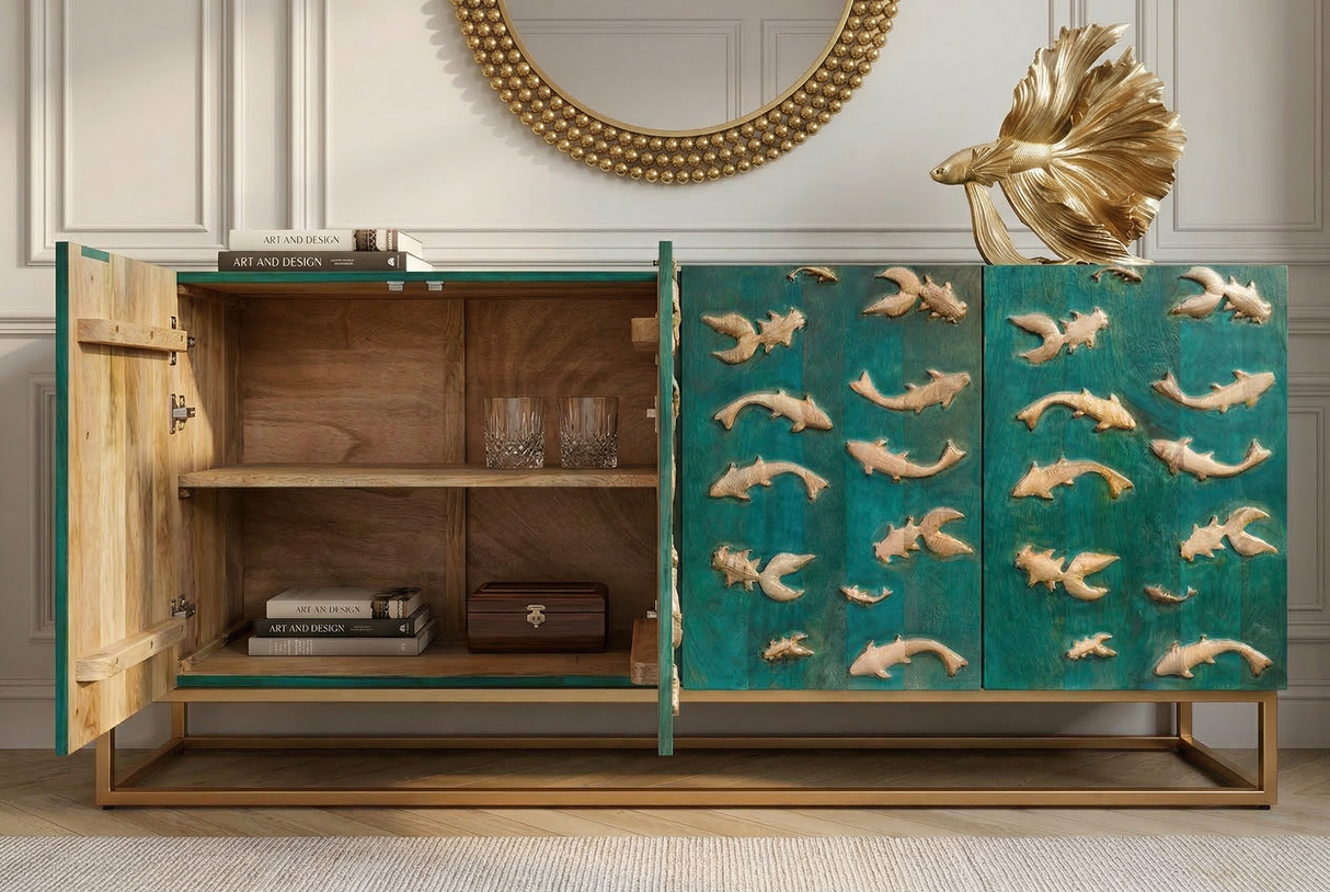 Sideboard GOLDEN LAGOON 180cm 3D Mangoholz Türkis Metall Gold