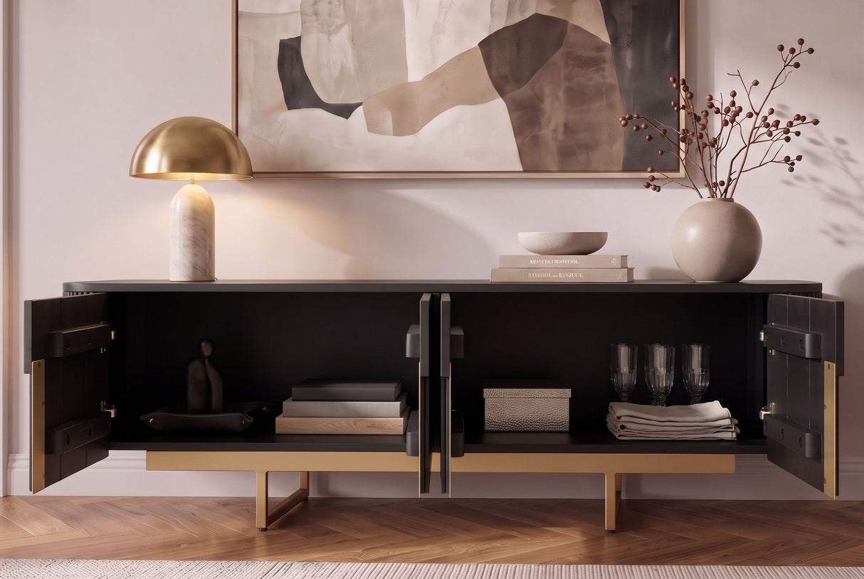 TV-Board GATSBY 160cm Retro Stil Mangoholz schwarz gold