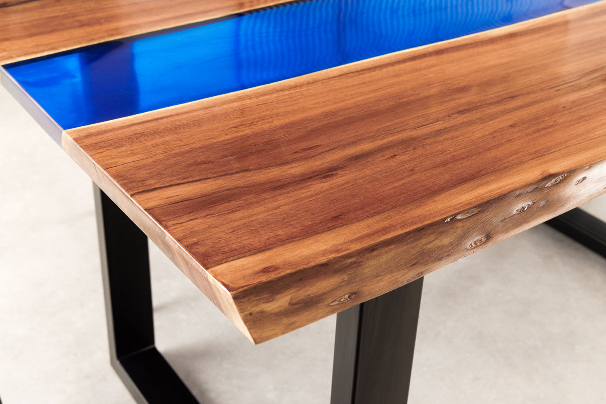 Dining table LIQUID 160cm acacia wood blue epoxy strip