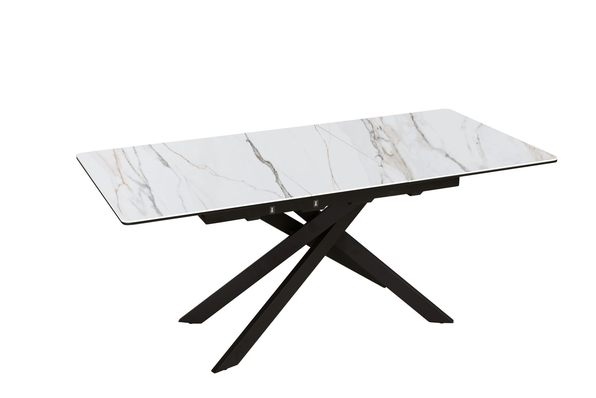 Esstisch ALPINE 160-200cm ausziehbar, Calacatta Oro Keramik in Marmoroptik, weiß mit schwarzem Sternenfuß