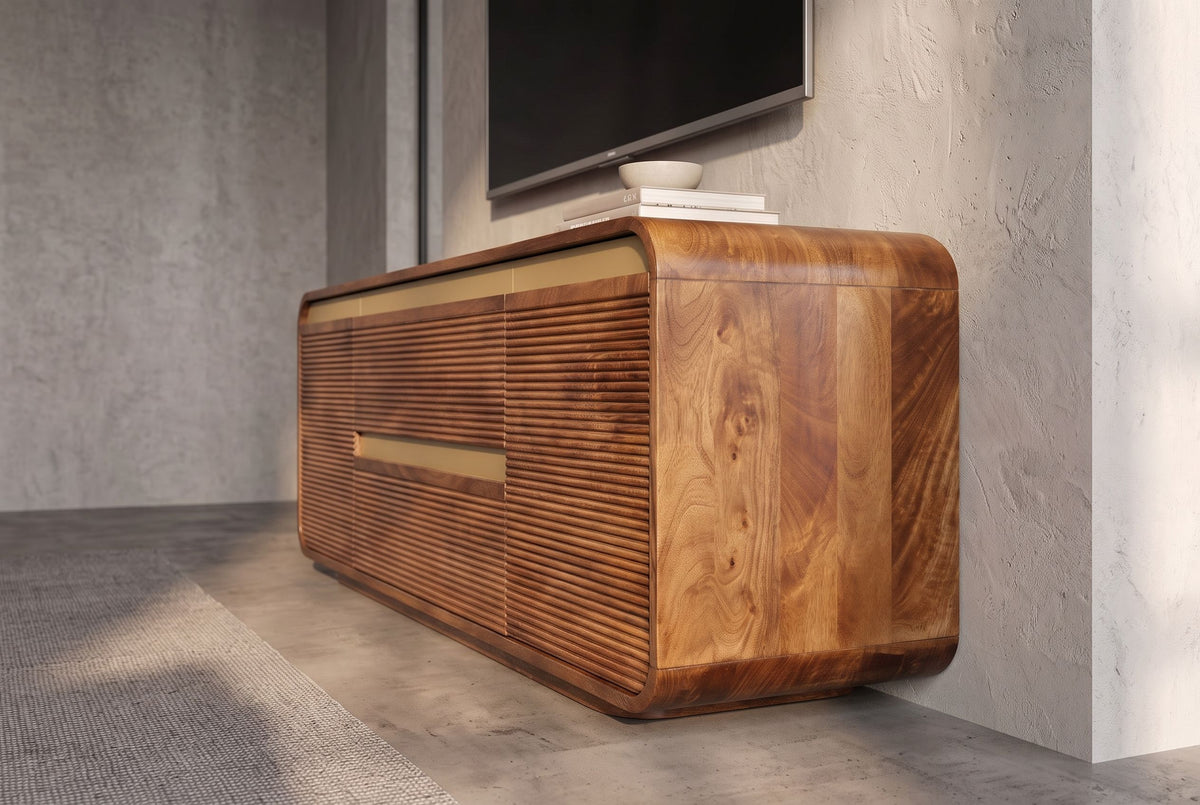TV-Board MONZA 160cm w/ cable management fluted front rounded edges brown mango wood gold details