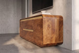 TV-Board MONZA 160cm w/ cable management fluted front rounded edges brown mango wood gold details