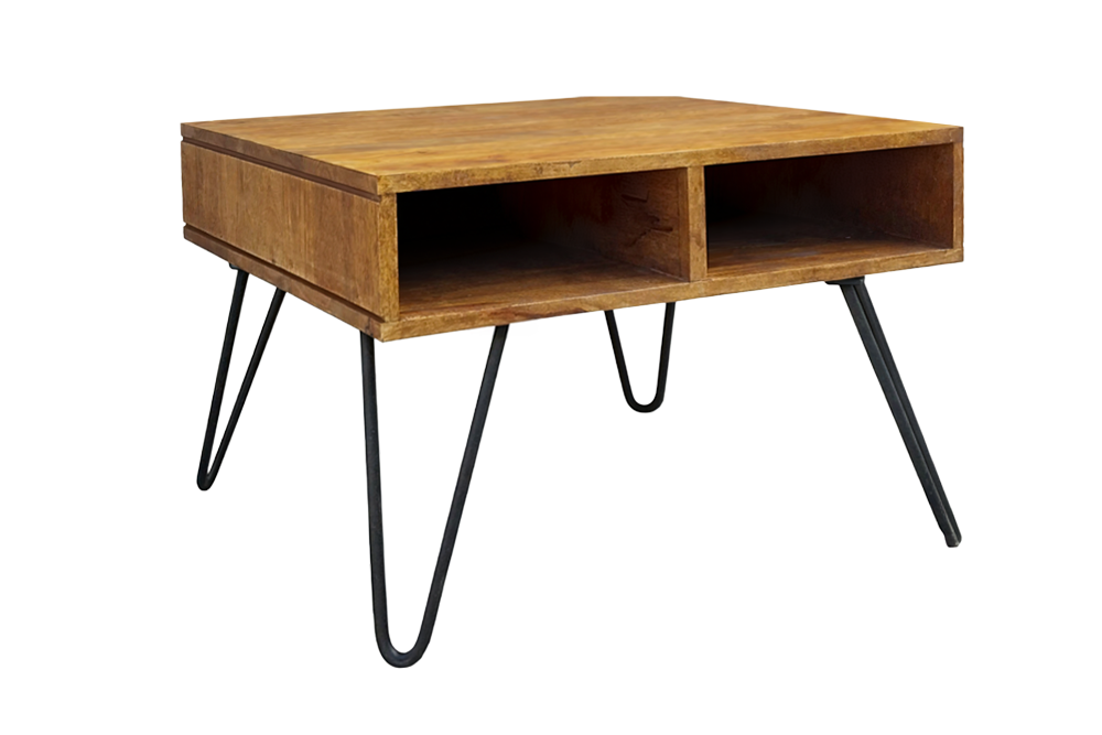 Couchtisch SCORPION 60 cm mit Stauraum und Hairpin-Beinen Mangoholz honigfarbenes Finish
