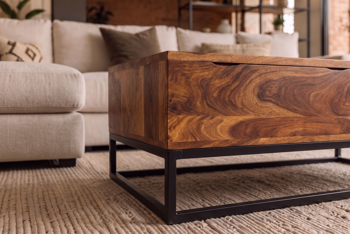 Coffee table MAKASSAR FUNCTION 110cm height adjustable sheesham natural
