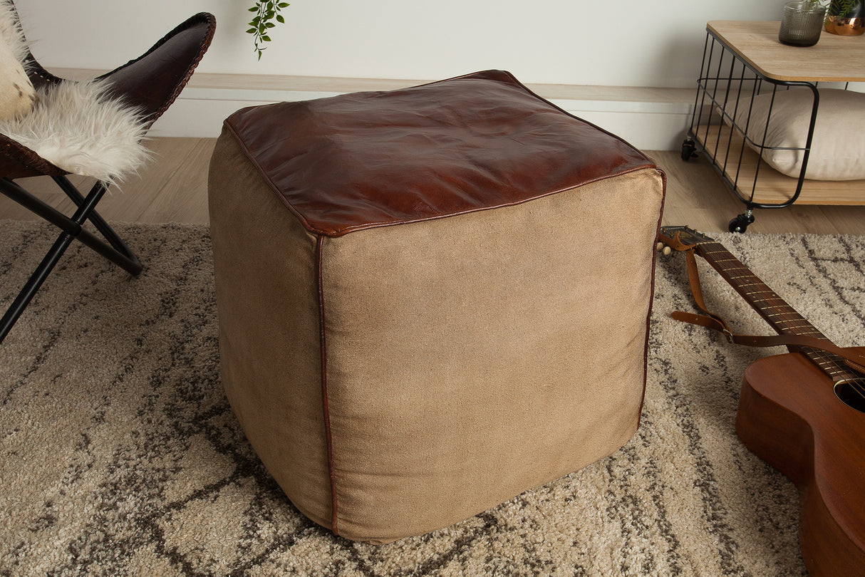 Footstool MUSTANG 45cm genuine leather and linen brown