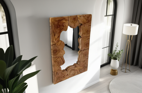 Wall Mirror MOSAIC 90cm teak wood natural brown handmade