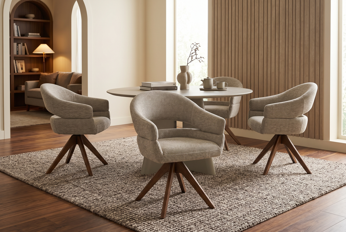 Swivel chair ORGANIKO 180° auto-return w/ armrests textured fabric taupe beige brown