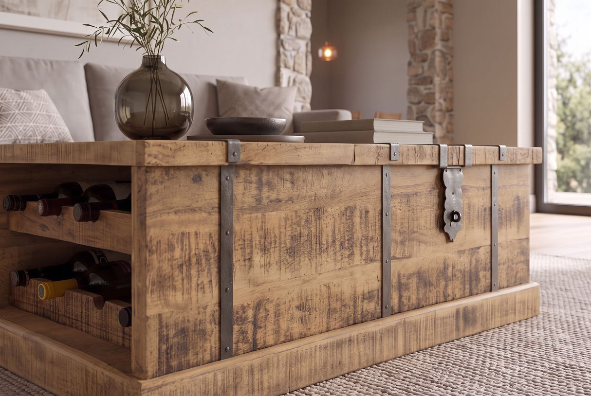 Coffee table BODEGA 100cm w/ wine shelf and storage space mango wood natural
