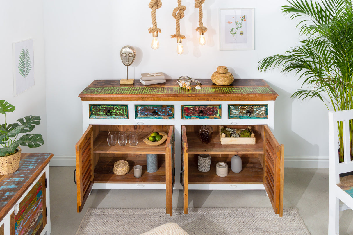 Sideboard JAKARTA 160cm weiß gewaschenes Mangoholz und Recyclingholz