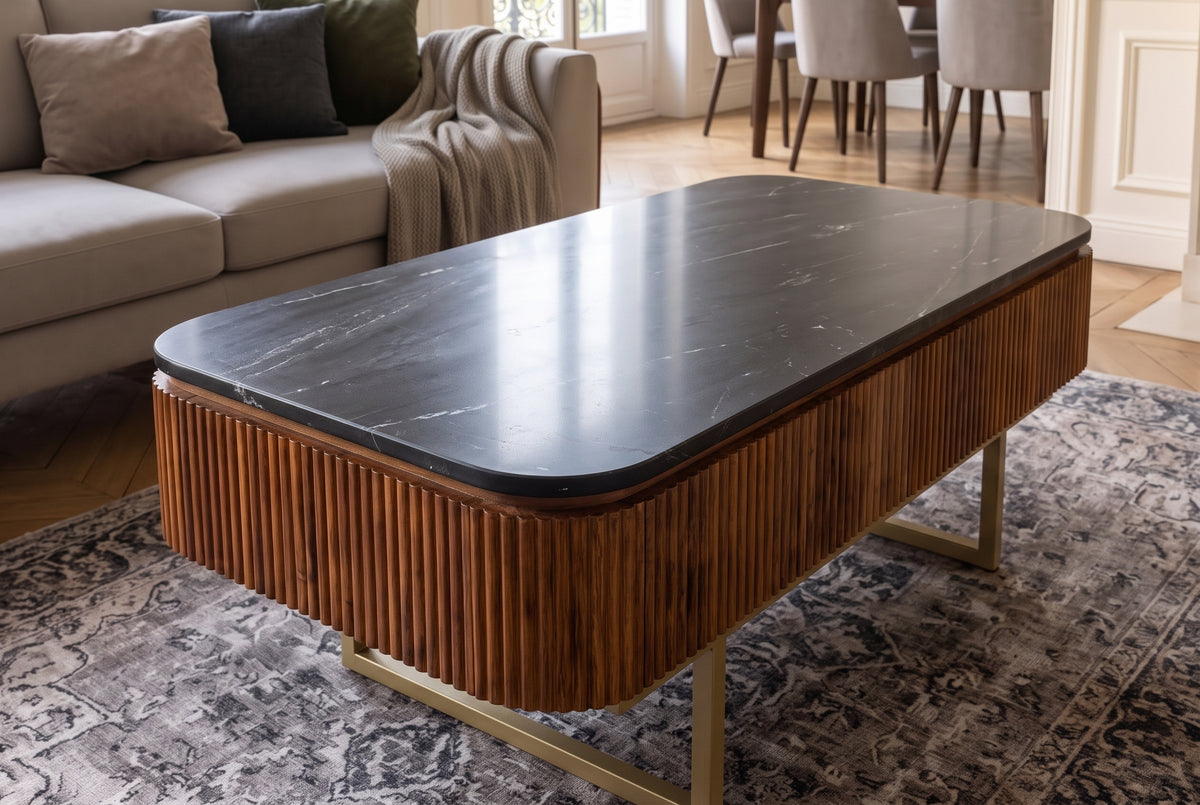 Couchtisch GATSBY 110cm Retro-Stil Mangoholz goldene Marmorplatte schwarz