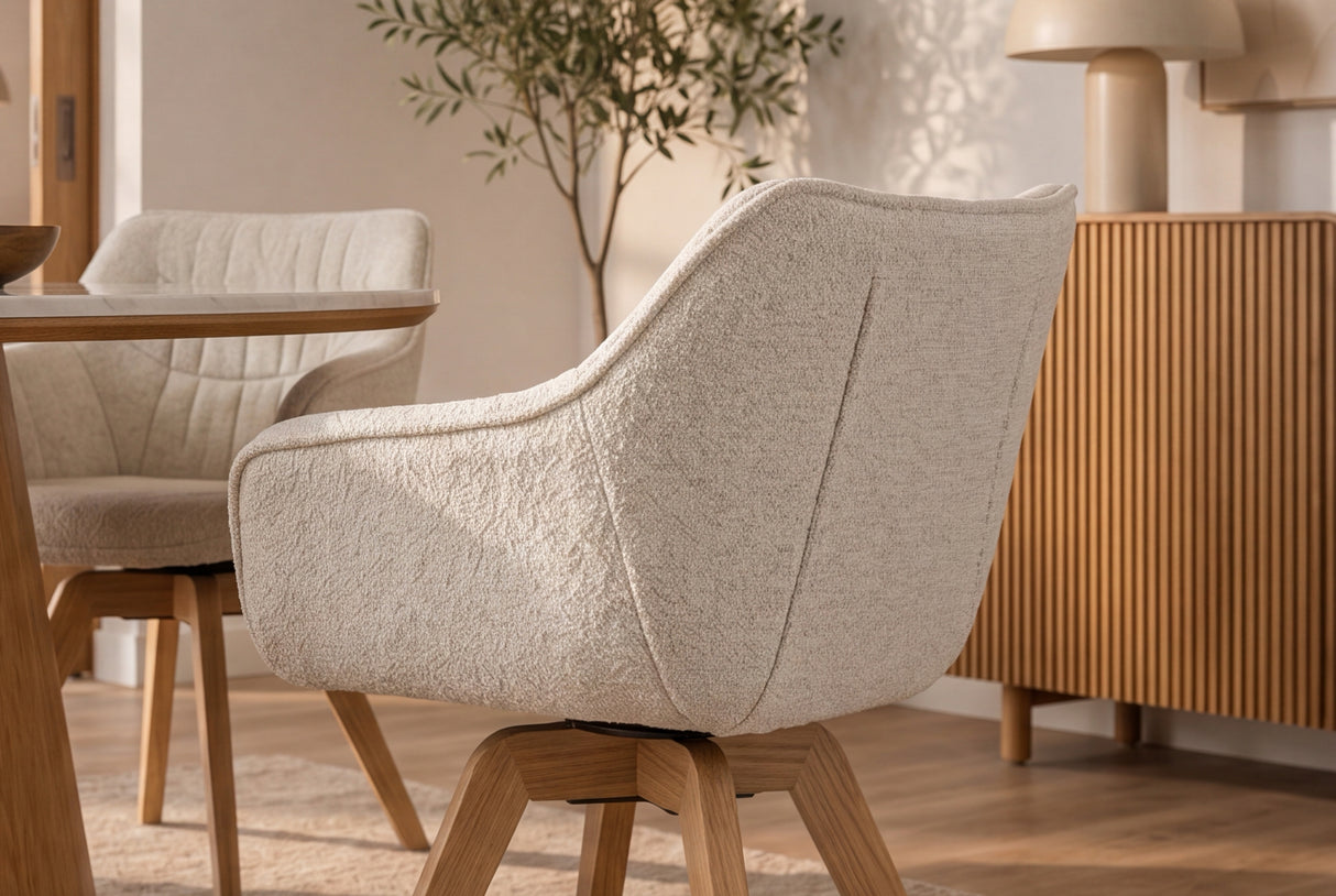 Sessel THE DUTCH COMFORT 180° Auto-Rückholfunktion m. Armlehnen Bouclé-Tweed weich beige natur