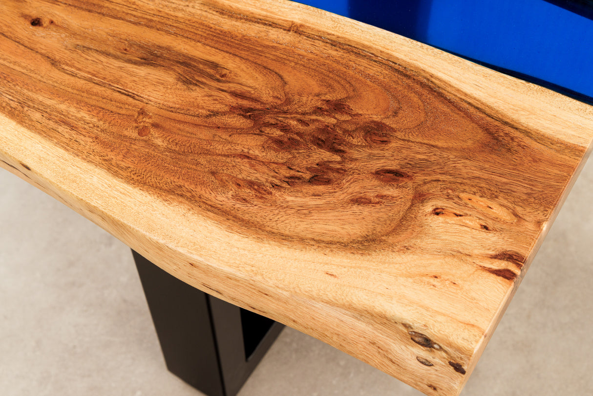 Coffee table LIQUID 110cm acacia wood blue epoxy strip
