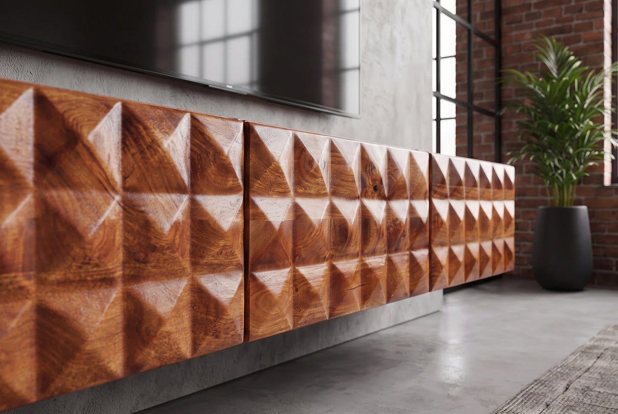 TV-Board VULCANO 160cm 3D hängend m. Kabeldurchlass Mangoholz natur