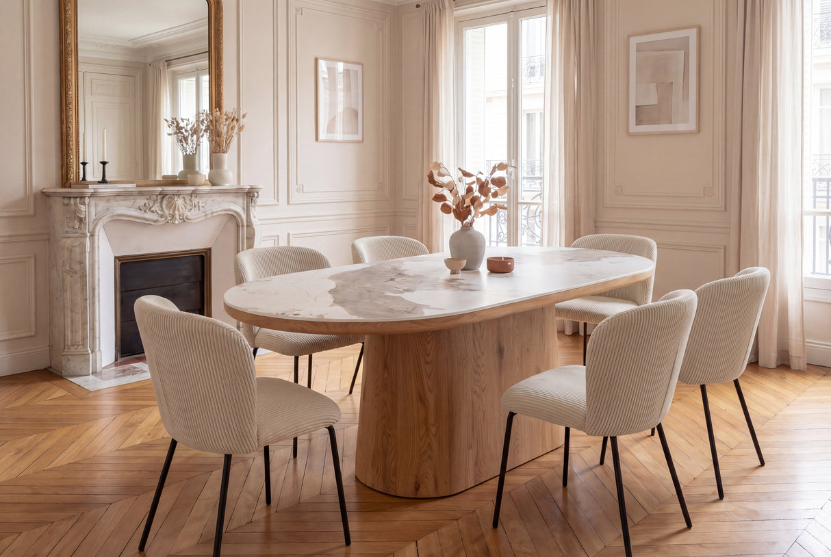 Dining table UNIQUE 200cm oval oak wood verneered w/ ceramic top white marble light brown