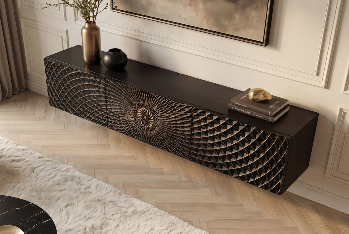 TV-Board ILLUSION 160cm 3D hängend Mangoholz schwarz gold