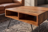 Coffee table SCORPION 60cm w/ open storage space sheesham wood brown stone finish hairpin legs