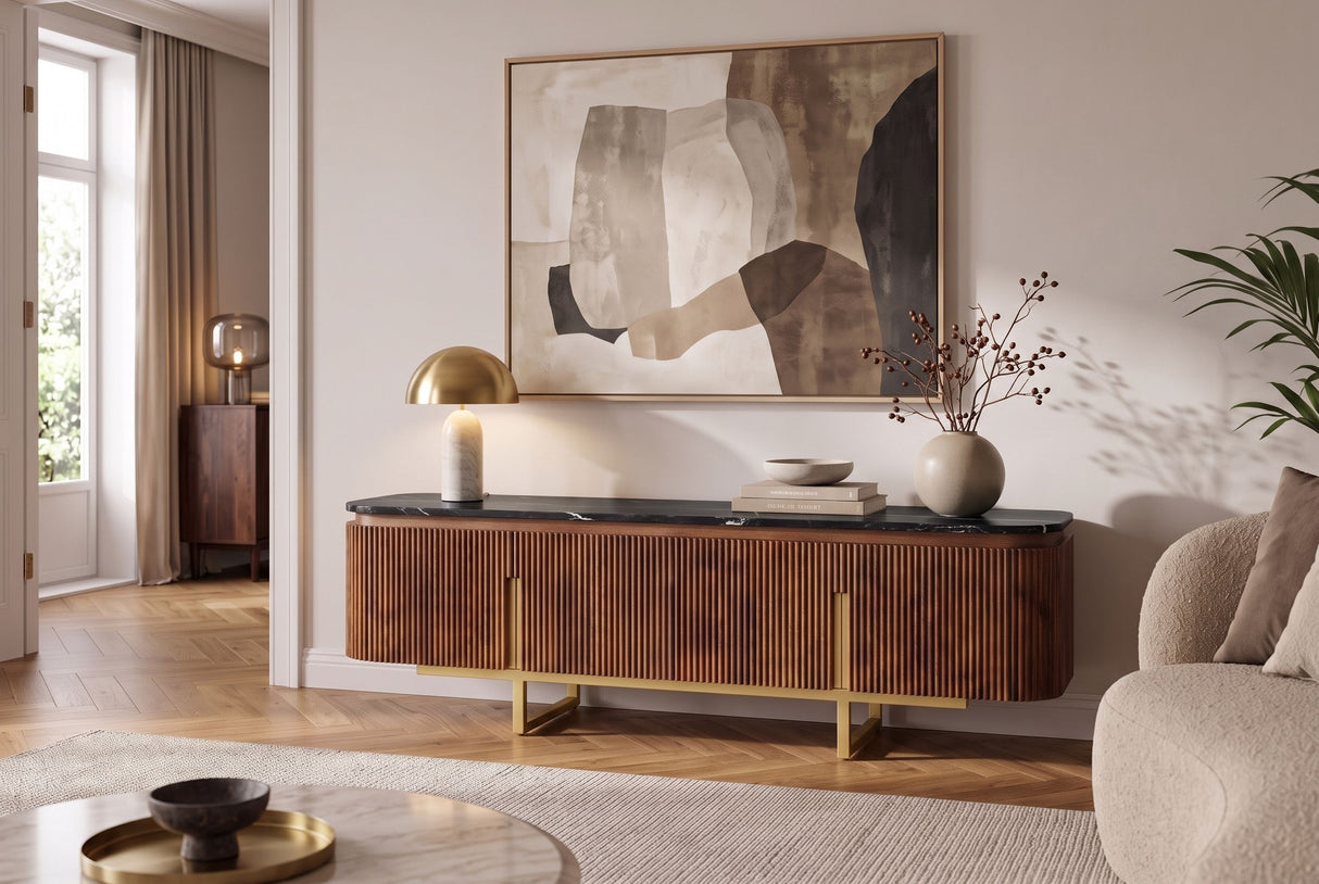 TV-Board GATSBY 160cm Retro-Stil Mangoholz Marmorplatte Schwarzbraun Gold