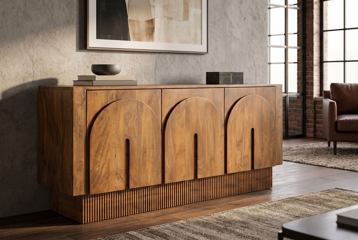 Sideboard ARCADIA 160cm arched front fluted pedestal base mango wood brown