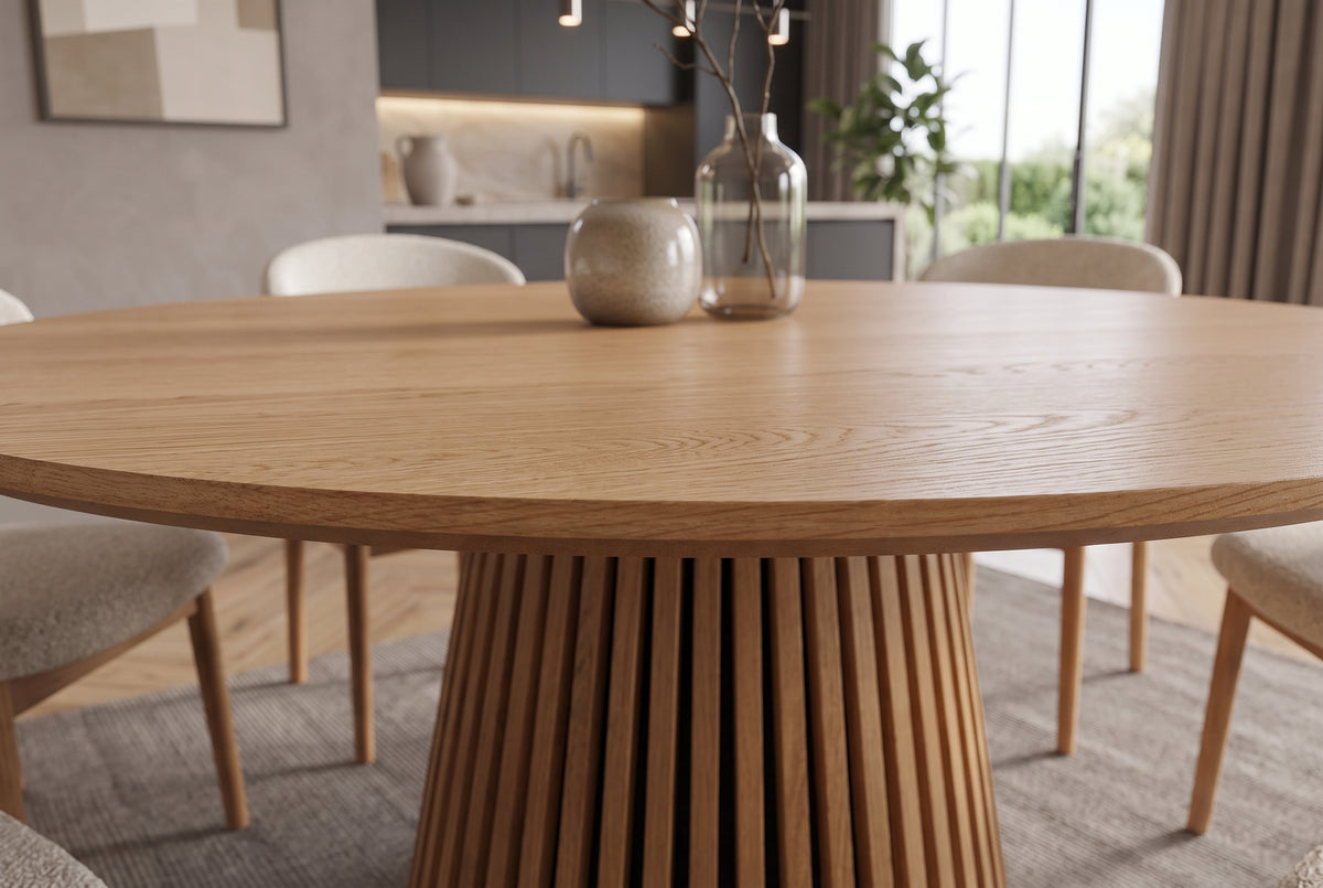 Dining table VALHALLA WOOD Ø 140cm round fluted pedestal base oak wood veneered natural