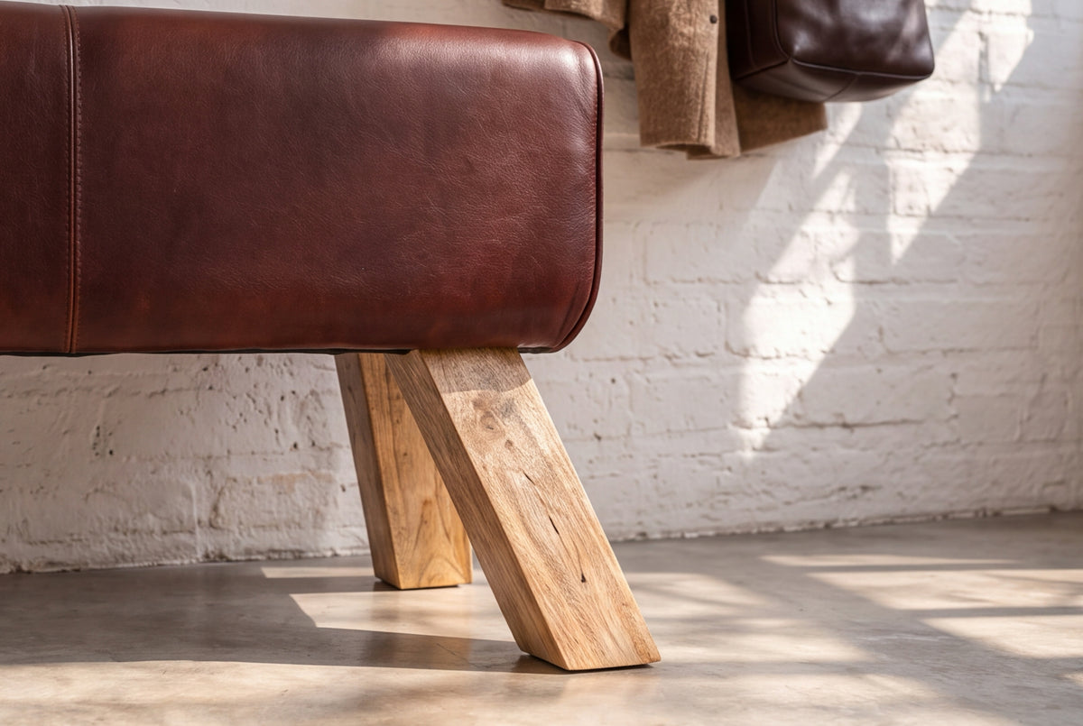 Bench TURNBOCK 120cm upholstered seat mango wood natural genuine leather coffee brown