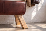 Bench TURNBOCK 120cm upholstered seat mango wood natural genuine leather coffee brown