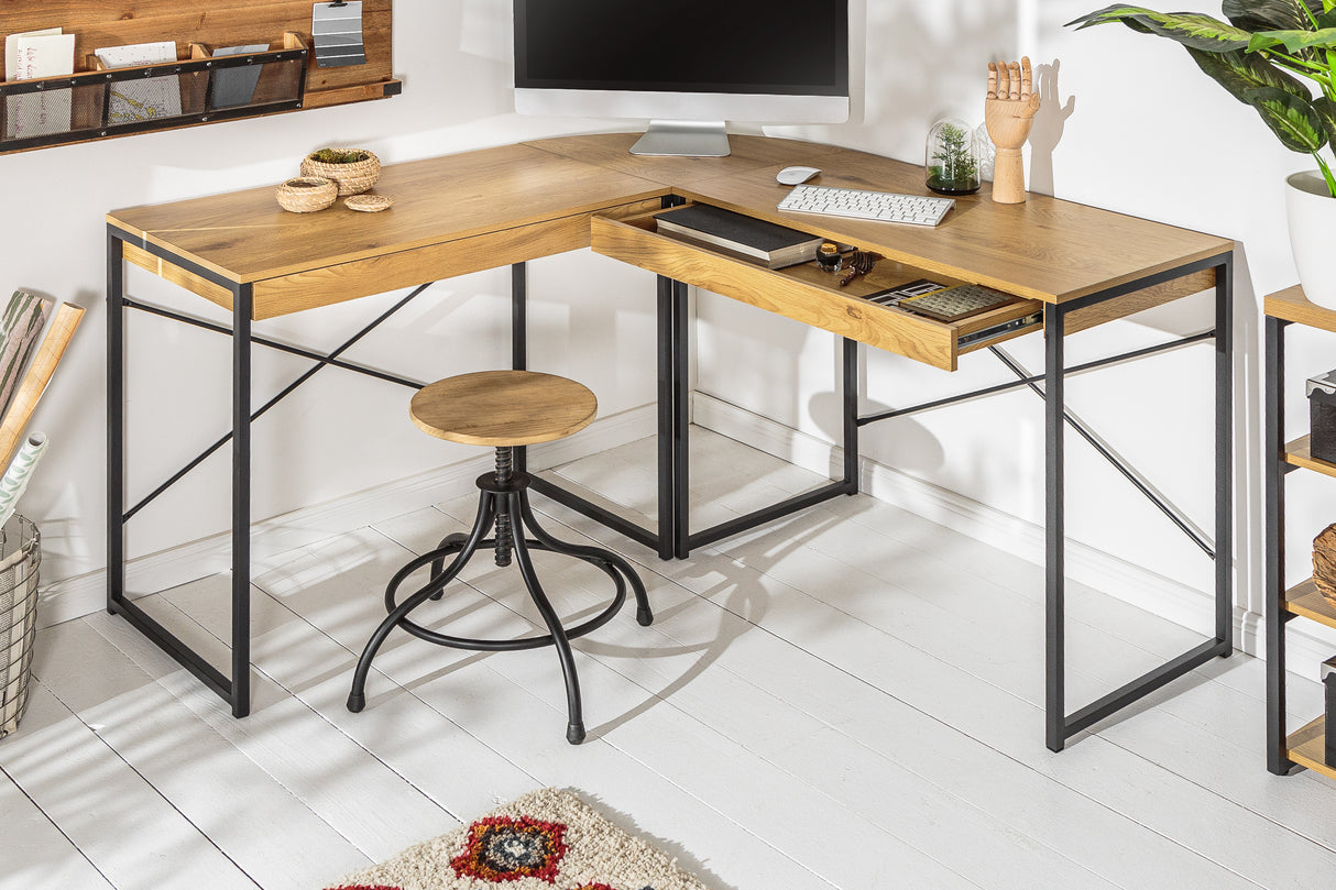 Corner desk STUDIO 130cm with 2 drawers oak look