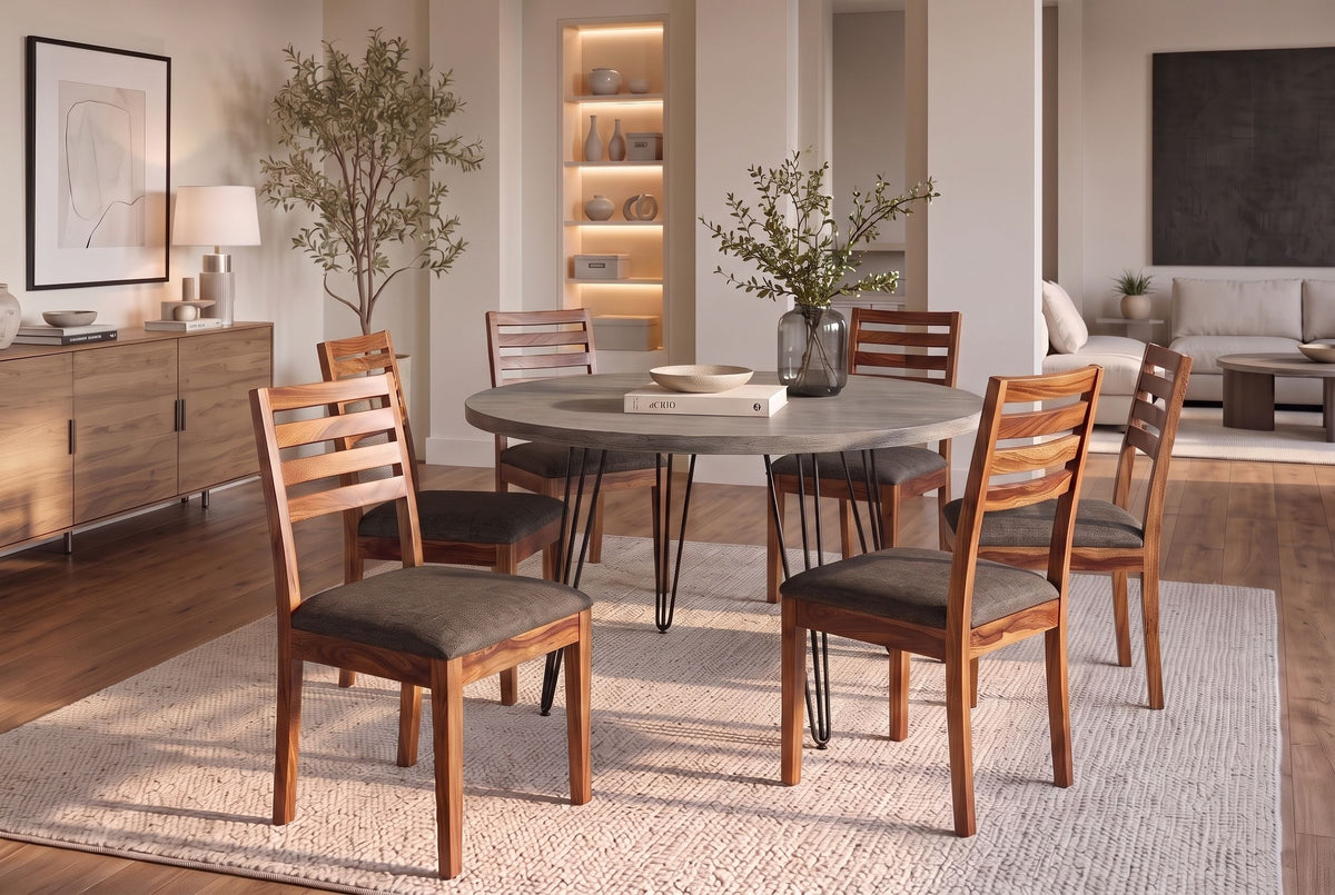 Chair MAKASSAR 90cm textured fabric grey brown and sheesham wood brown stone finish